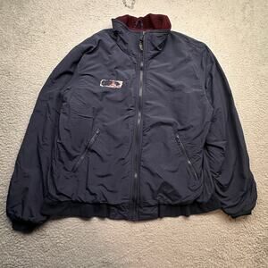 LL Bean Warm Up Fleece Lined Coach Jacket Mens Medium Navy Maroon Logo Full Zip